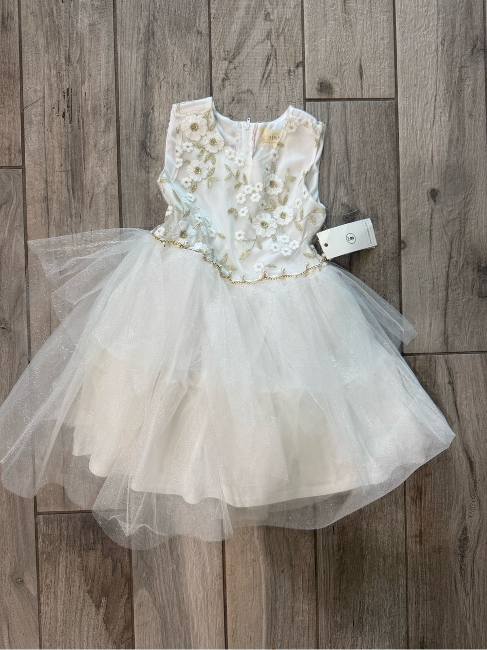 White Floral Tulle Party Dress with Gold Trim